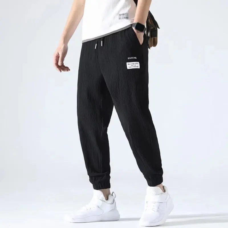Ice Shreds Youth Men 2024 Summer New Solid Color Korean Thin Style Casual Loose Large Size Bound Feet Motion All-match Trousers