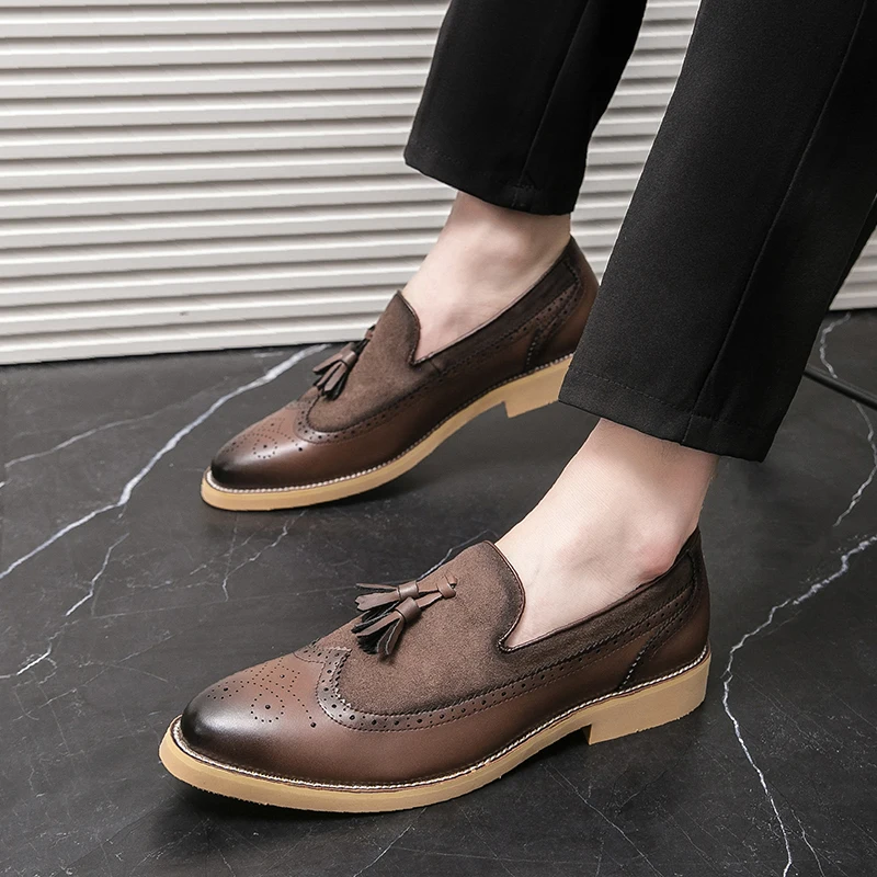 Men Brogues Fashion Tassel Loafers Slip on Designer Wedding Dress Shoes Leather Oxfords Office Business Formal Shoes Big Size 47