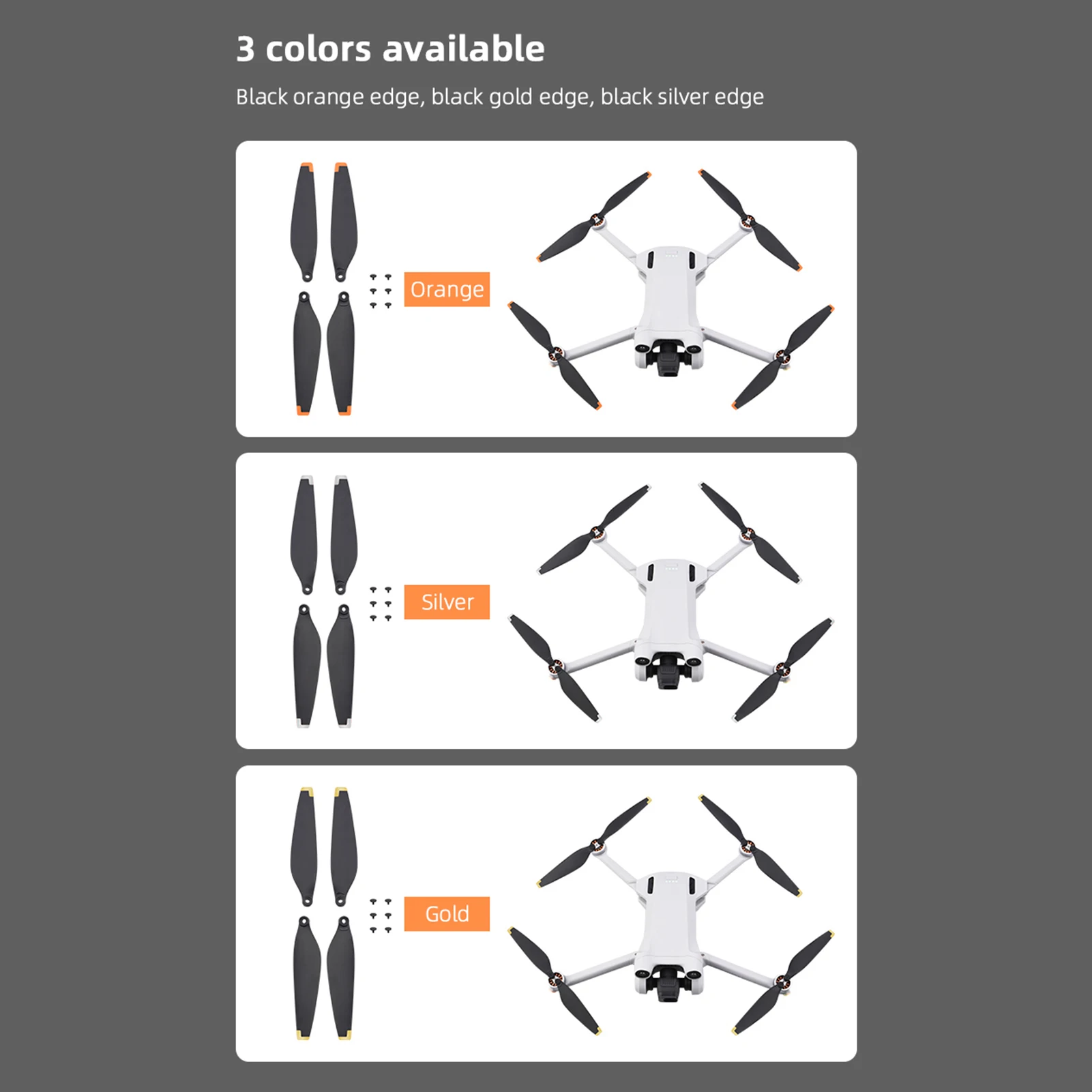 Lot de quatre paires d'hélices de rechange pour DJI Mini 3 Pro, rangées côte à côte, vue d'ensemble.