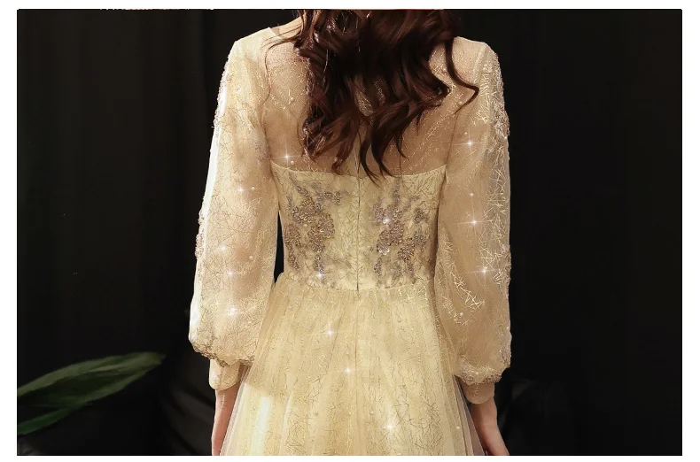 Gold Evening Dresses With Long Sleeves Elegant O-Neck A-Line Floor-Length Luxury Appliques Sequined Tulle Women Wedding Party gold evening gowns