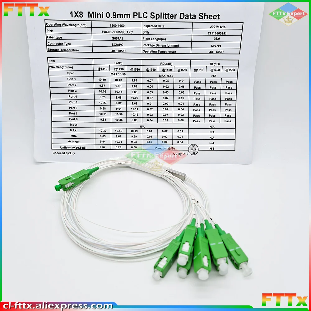 고품질 5/10 개/몫 분배기 1X2 1X4 1X8 1X16 1X32 PLC SC/APC 광섬유 단일 모드 0.9mm G657A1 LSZH 1m PVC