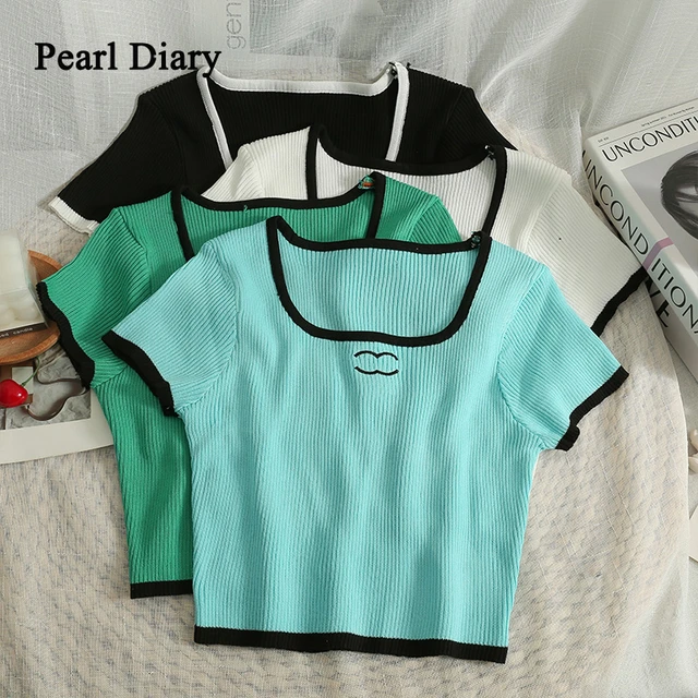 Pearl Diary Summer Assorted Colors Low Neck Exposed Clavicle T-Shirt  Fashion Cute Thin Crop Top Short All-Match Knitting Top Wo - AliExpress