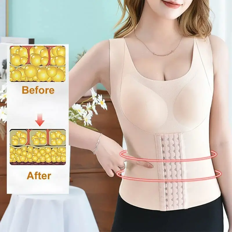 Women Waist Buttoned Bra Vest Posture Corrector Tank Tops Seamless Underwear Sheath Slimming Corset Tummy Control Body Shaper