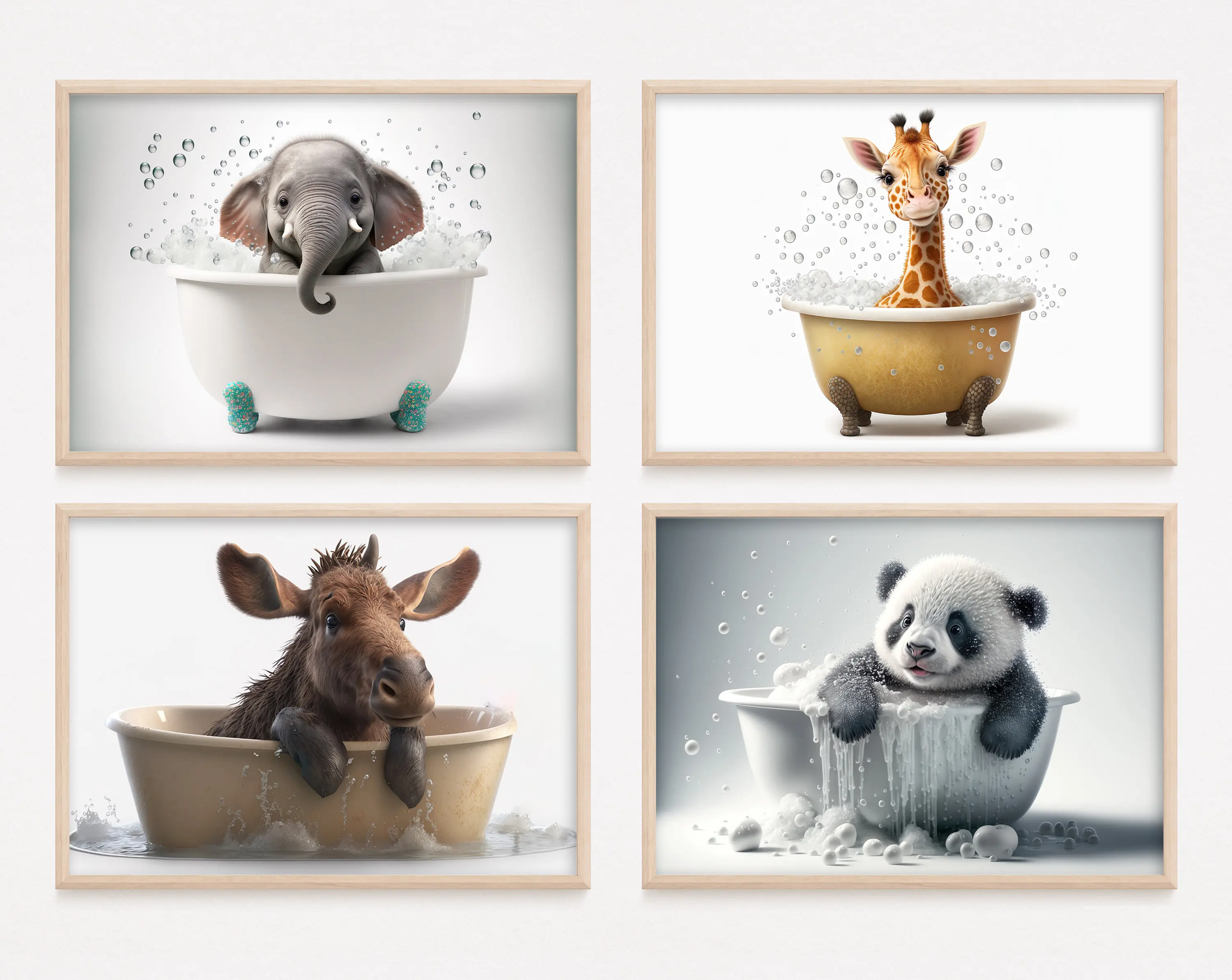 

Funny Animal Painting Room Decor Cute Baby Panda Giraffe Cow Elephant In Bathtub Bathroom Wall Art Canvas Prints