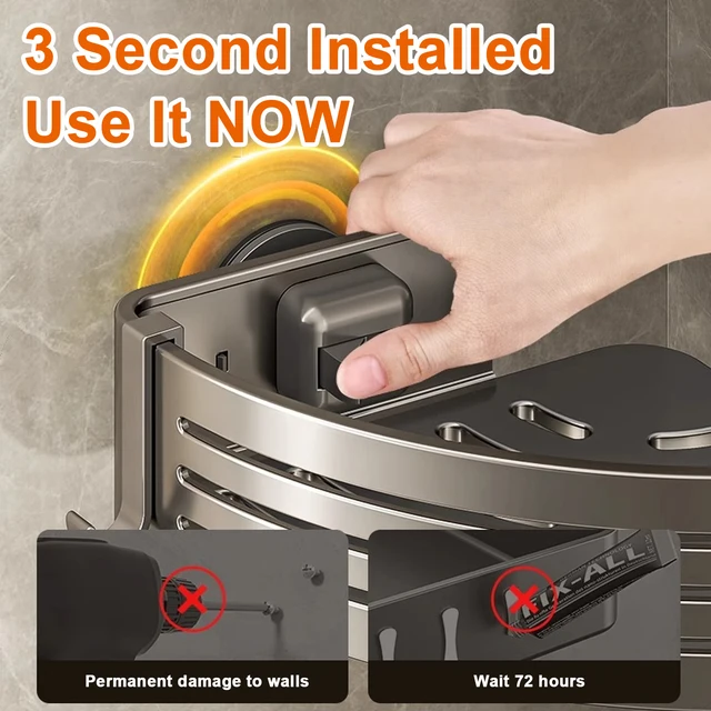 ชั้นวางของในห้องอาบน้ำรูปสามเหลี่ยมพร้อมตะขอ ติดตั้งด้วยถ้วยดูด ไม่ต้องเจาะผนัง ชั้นวางของในห้องน้ำอะลูมิเนียมสำหรับวางแชมพู สบู่ และของใช้ในครัว 3