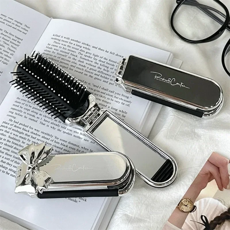 1 Piece Chic Simplicity Hair Brush with Mirrors Women Girl Fashion Sliver Color Bow Air Cushion Comb Portable Travel Hair Comb