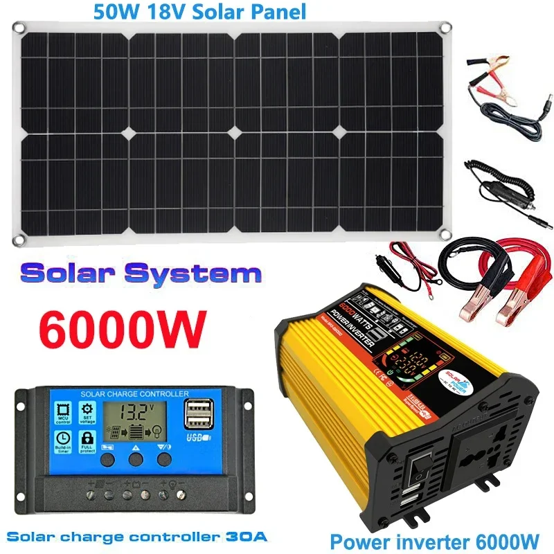 Система солнечных панелей 12 В до 110 В/220 В, солнечная панель 50 Вт + контроллер заряда 30 А + модифицированный синусоидальный инвертор 6000 Вт, комплект для поколения энергии