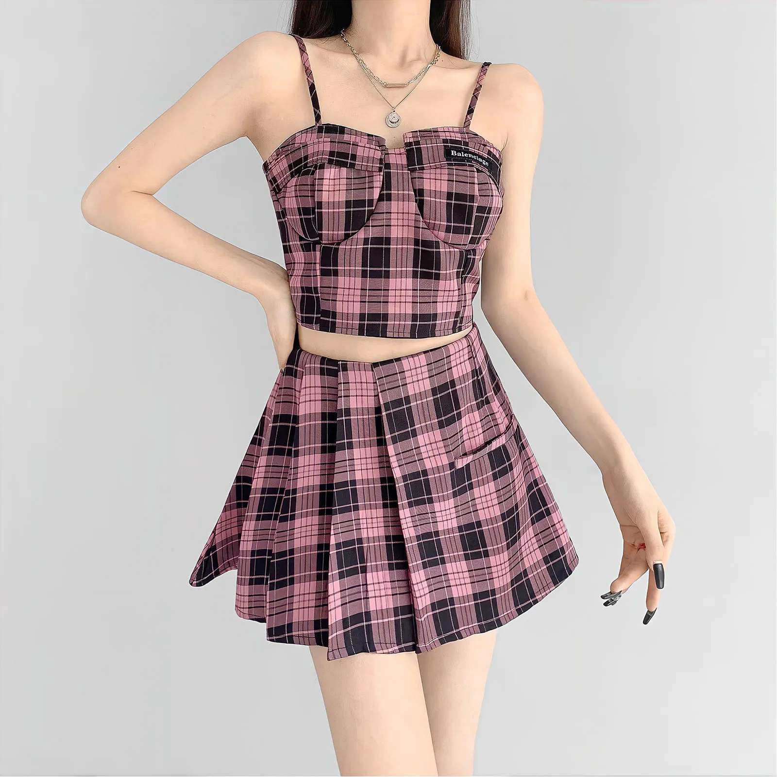 

Women'S Plaid Skirts Suit Outfits Korean Harajuku Camis Clothing Punk Streetwear Summer Gothic Pleated Y2k Mini Skirt Sling Tops