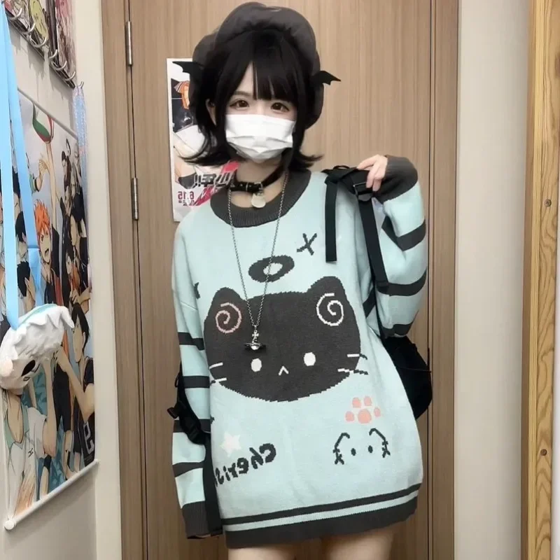 Y2k Striped Kawaii Women Sweaters Cartoon Embroidery Harajuku Japanese Fashion Knit Pullovers Loose Cute Winter 2