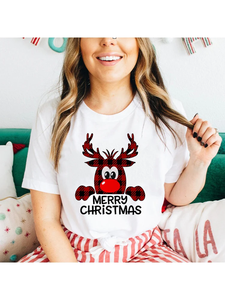 

Merry Christmas Reindeer T Shirt Harajuku Women Christmas Buffalo Plaid Tree Print T Shirt Xmas Holiday Shirt for Women Gift