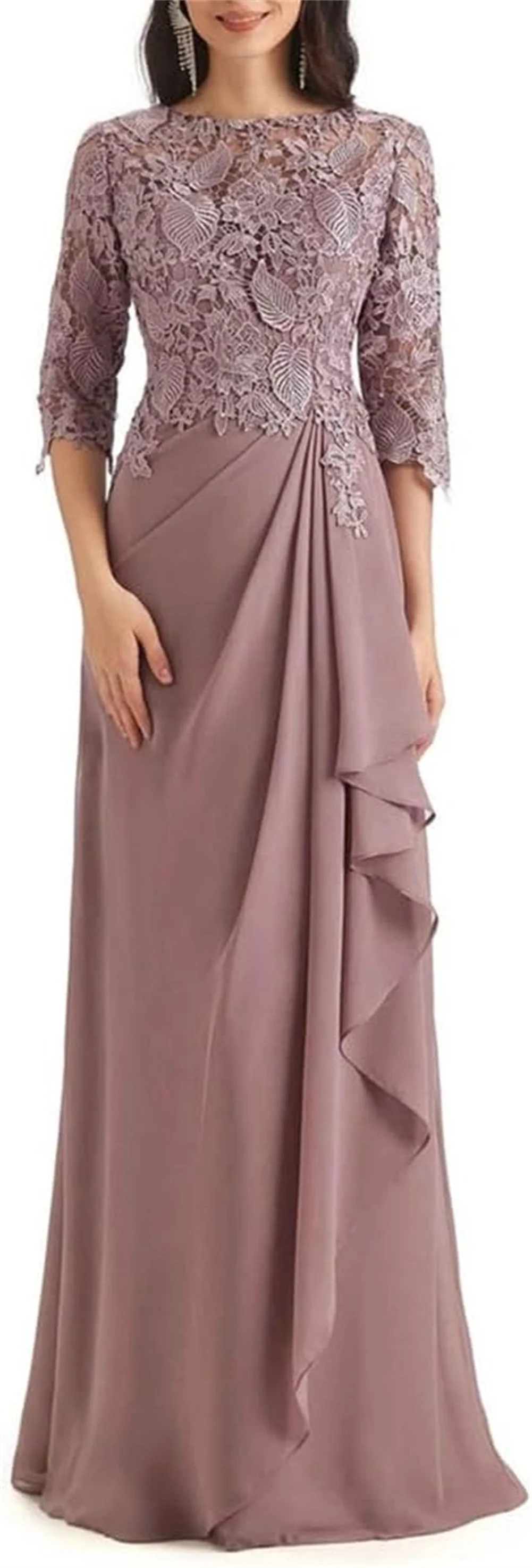 Women's Mother of the Bride Dress for Wedding Lace Leaf Appliques 3/4 Sleeves Ruched Chiffon Party Prom Evening Gowns