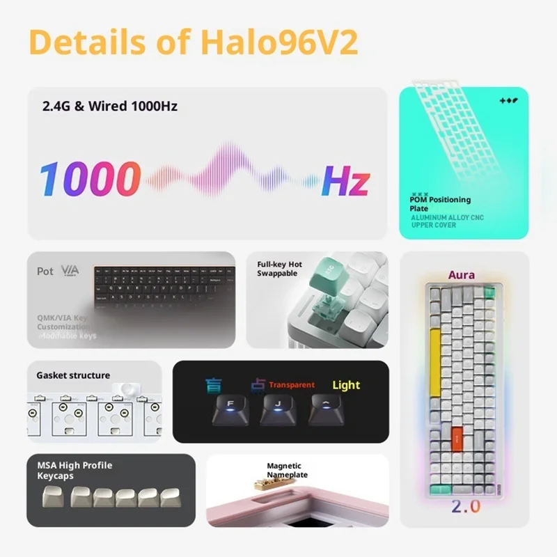 NuPhy Halo96 V2 키보드 맞춤형 무소음 기계식 사무실 e스포츠 게이밍 가스켓 디자인 무선 블루투스 트라이 모드