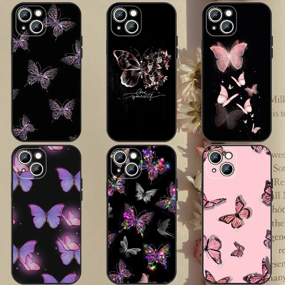 Custodia Per Telefono Beauty Pink Butterfly Per Apple Iphone 15,14,13,12,11,Xs,Xr,X,8,7,Pro,Max,Plus,Mini Cover Nera In Silicone