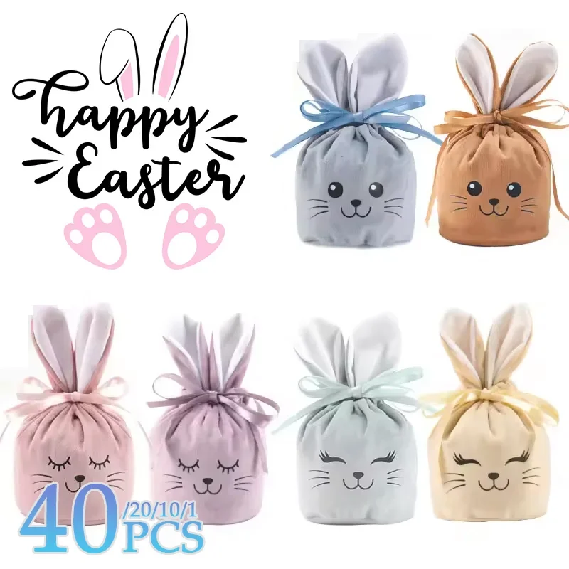 1-40PCS Bunny Bags with Rabbit Ears Soft Velvet Gift Bags Cute Bunny Smile Perfect for Sugar Candy Easter Decor and Gift Packing