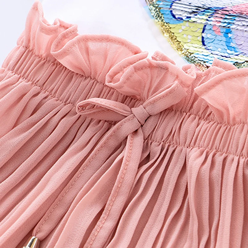 Baby Girls Summer Casual Clothing Suits New Fashion Cartoon Unicorn Sequins T-Shirt Chiffon Pants Outfits Children's Clothes