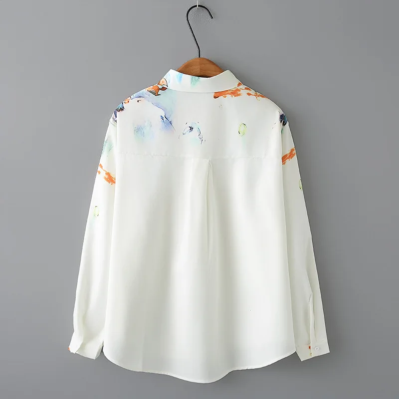 Women's Vintage Printed Shirt, Long Sleeve Blouses, Mid-Length, Autumn, Plus Size, 8261