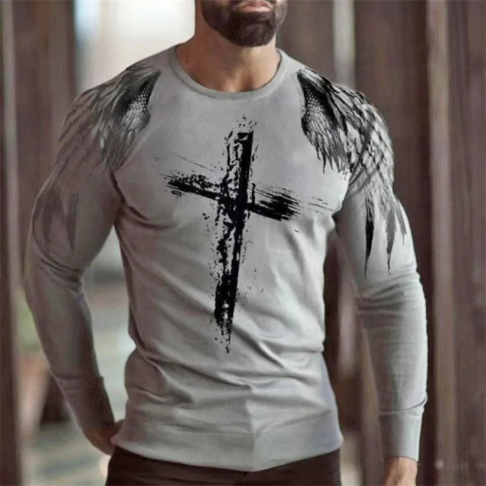 

2024 New Spring Men's Clothing Christian Jesus Cross Wing Pattern T-Shirt 3D Printed Round Neck Sports Casual Long Sleeved Top