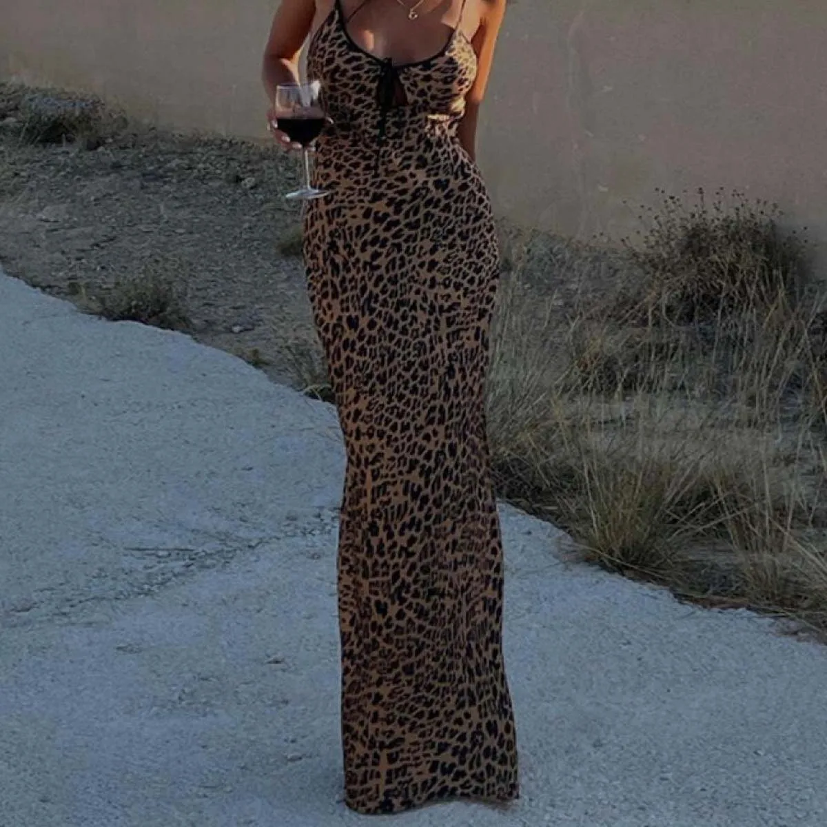 

2024 Summer Women Leopard Print Spaghetti Strap Maxi Dress Elegant Backless Lace-Up Dresses Female Night Club Party Vestidos