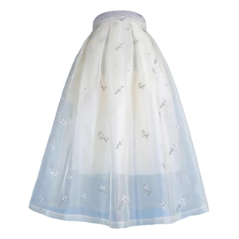 

Women's Runway Fashion Spring Summer Designer Embroidery White Mesh Skirt Female Autumn High Waist A-line Skirt TB1255