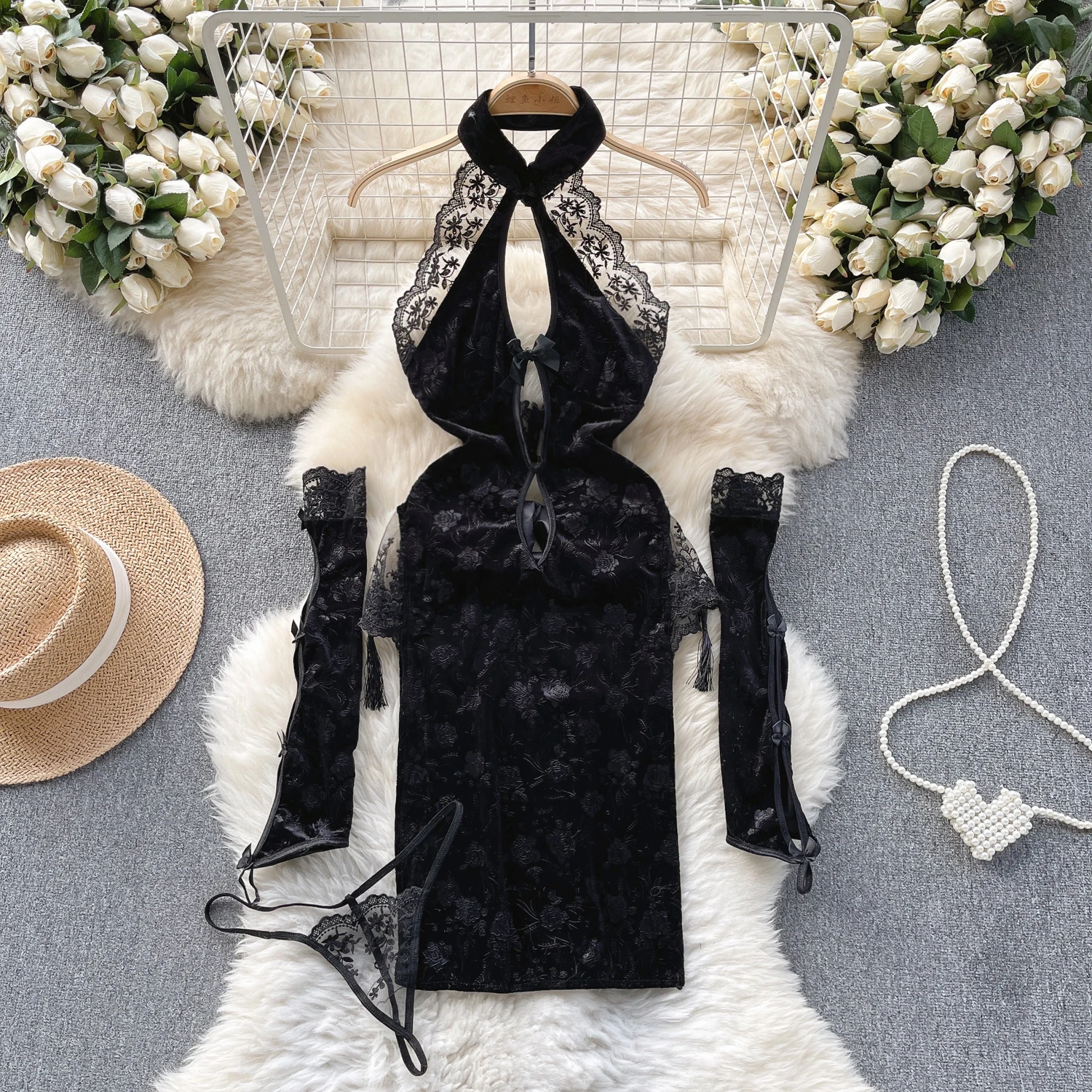 Camisones-de-encaje-con-volantes-para-mujer-vestido-negro-con-abertura