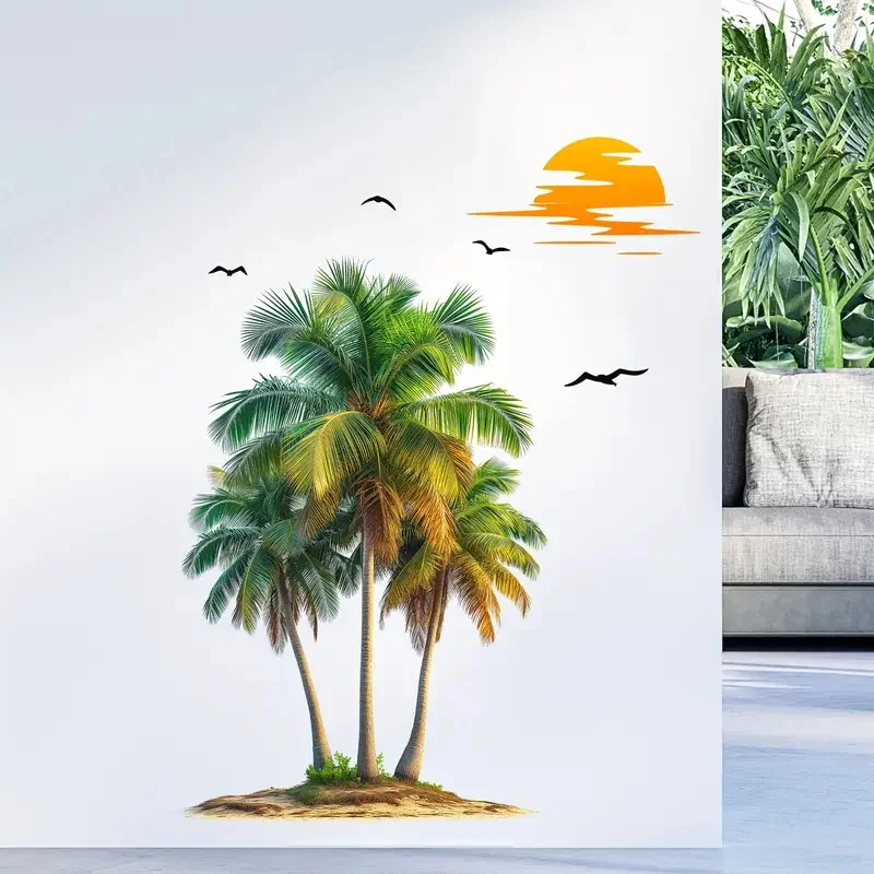 Creative Wall Sticker Tropical Green Plant & Coconut Tree Pattern Self-Adhesive Decal for Bedroom Living Room Home Decal