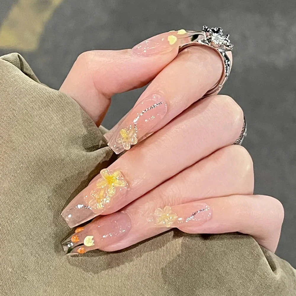 Uñas postizas con diseño de flores amarillas en 3D, 24 piezas, patrón de  tulipanes, Parche de Uñas postizas, uñas acrílicas de bailarina| | -  AliExpress