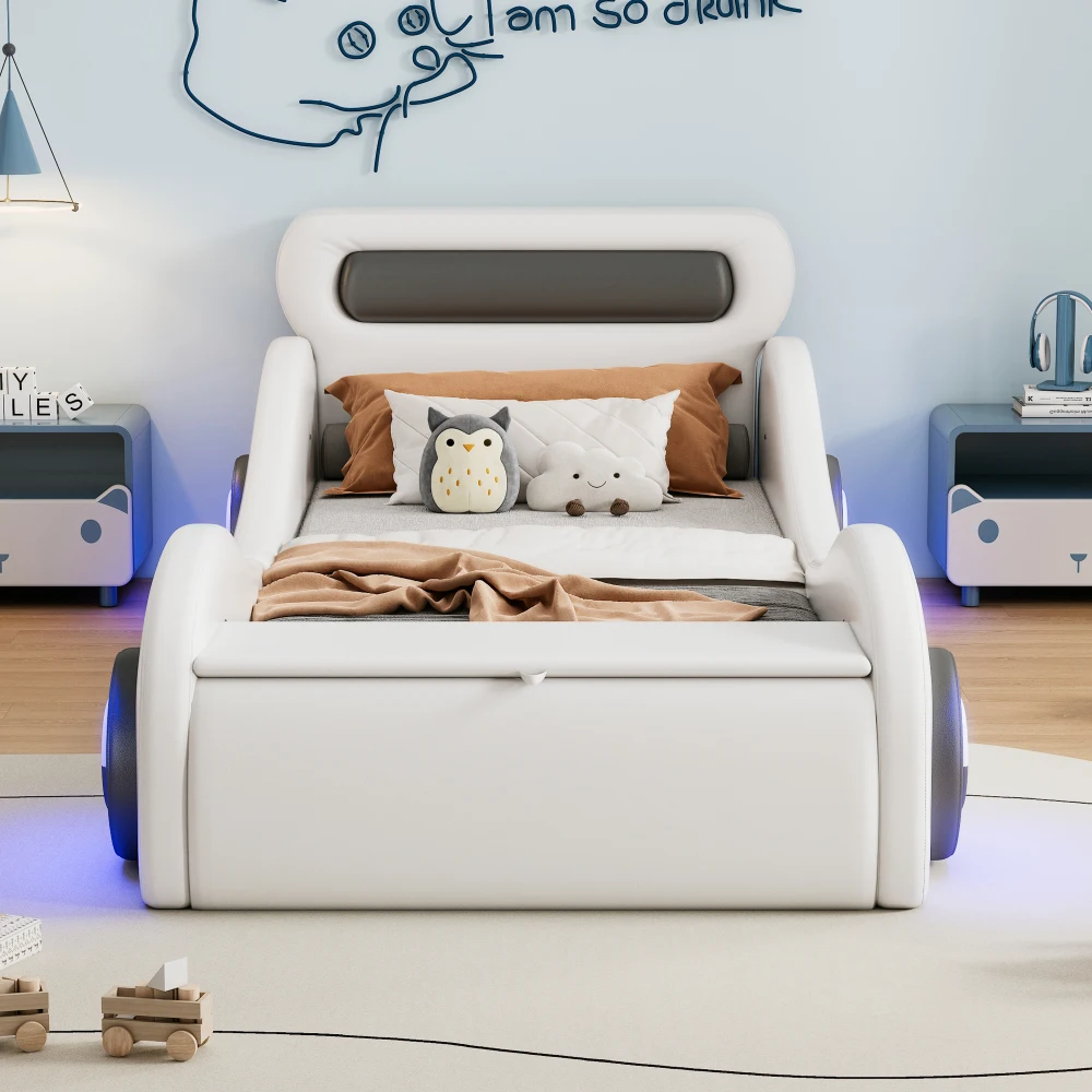 Gelbes PU-Leder-Autobett für Kinder, gepolstert, 90 x 200 cm, mit leuchtenden Rädern, Kinderbett für Jungen und Mädchen, Schlafzimmermöbel – Detail 23