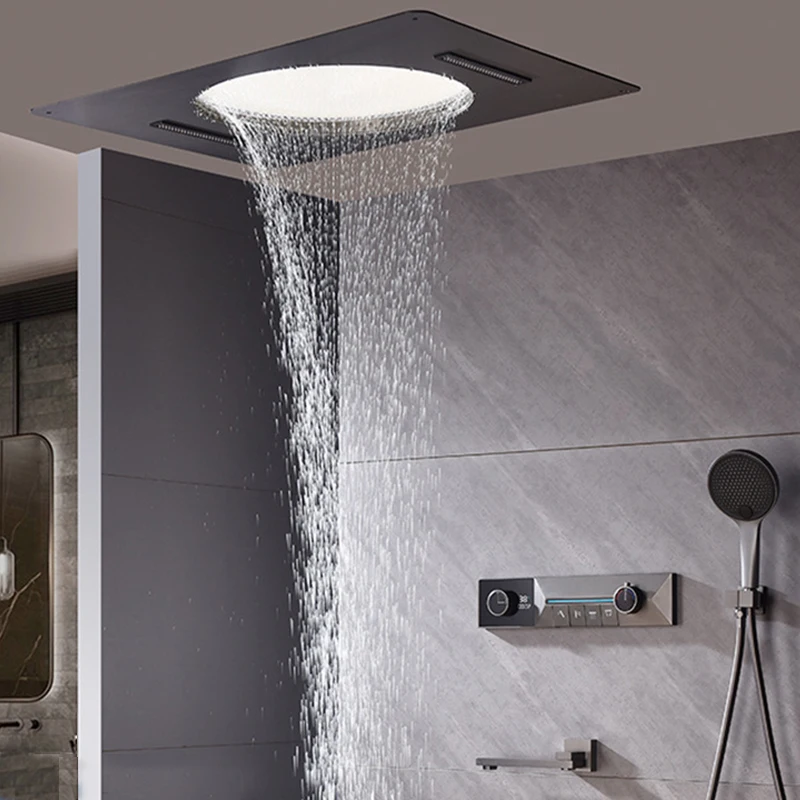 ชุดฝักบัวอัจฉริยะ - ไฟปรับได้, ฝักบัวแบบน้ำตก, จอแสดงผล LED ดิจิตอล, ก๊อกผสมน้ำร้อนน้ำเย็นแบบฝังผนังทองเหลือง 1