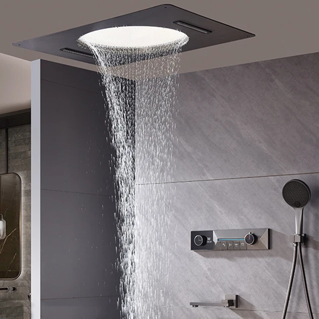 ชุดฝักบัวอัจฉริยะ - ไฟปรับได้, ฝักบัวแบบน้ำตก, จอแสดงผล LED ดิจิตอล, ก๊อกผสมน้ำร้อนน้ำเย็นแบบฝังผนังทองเหลือง 1