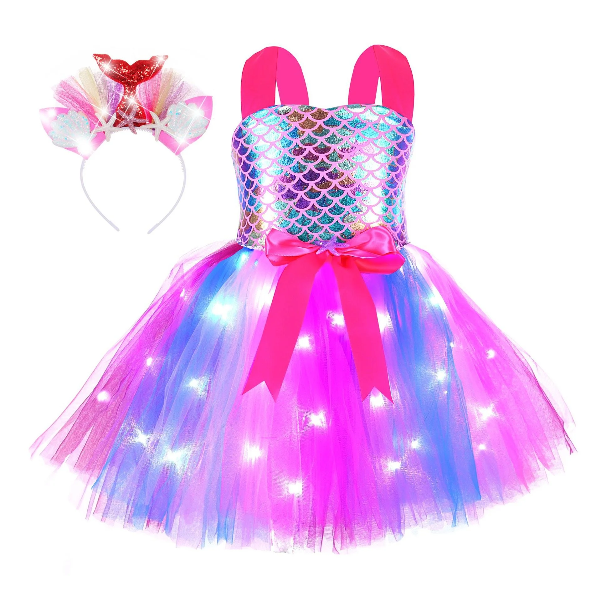 Mädchen Meerjungfrau TUTU LED Kleid Kinder Geburtstag Party Kleider Kleine Meerjungfrau Prinzessin Kostüme für Halloween Neujahr Dress Up Outfit – Detail 13