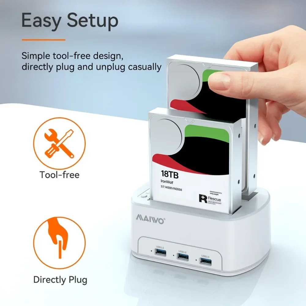 MAIWO 듀얼 베이 HDD 도킹 스테이션, 2.5 3.5 SSD 디스크 케이스용 SATA-USB3.0 어댑터, HDD 박스 도크 하드 드라이브 인클로저, 클론 포함