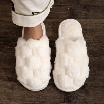 White Fluffy Indoor Home Slippers Women Comfortable Warm Plush Flats Slides Woman Soft Sole Non Slip Bedroom Floor Slippers 1