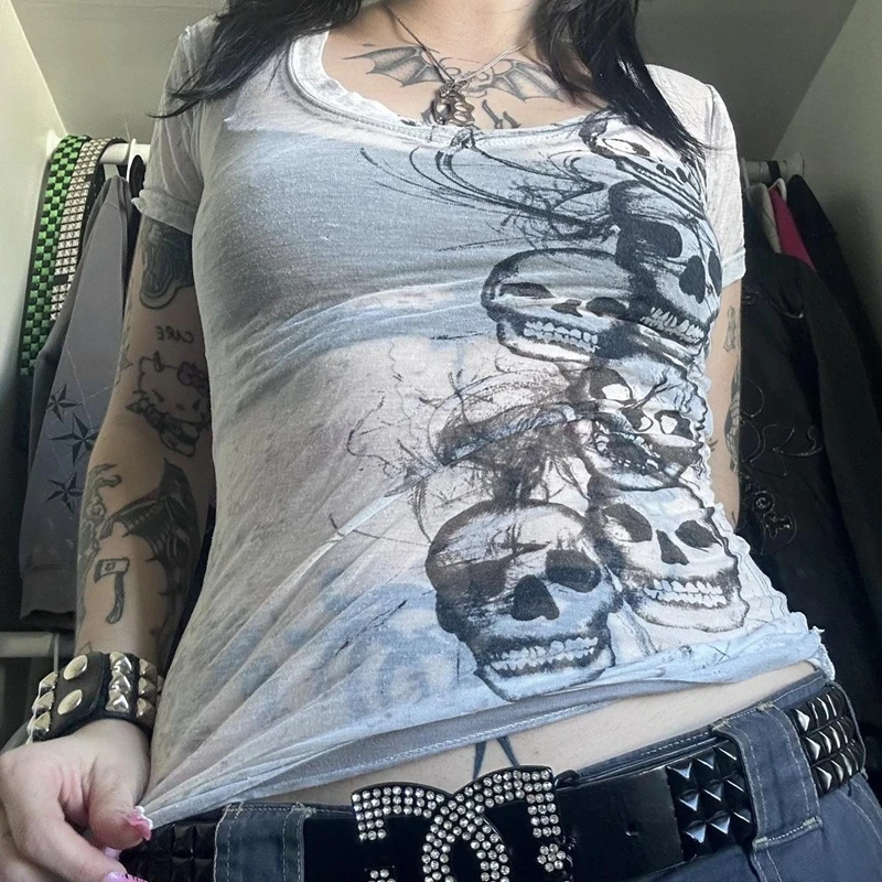 Graphic Tie Dye V Neck Crop Tops Y2K E-girl Gothic Grunge Skull Print Tshirt 2000s Retro Emo Short Sleeve Slim Fit Tees Clothes 2