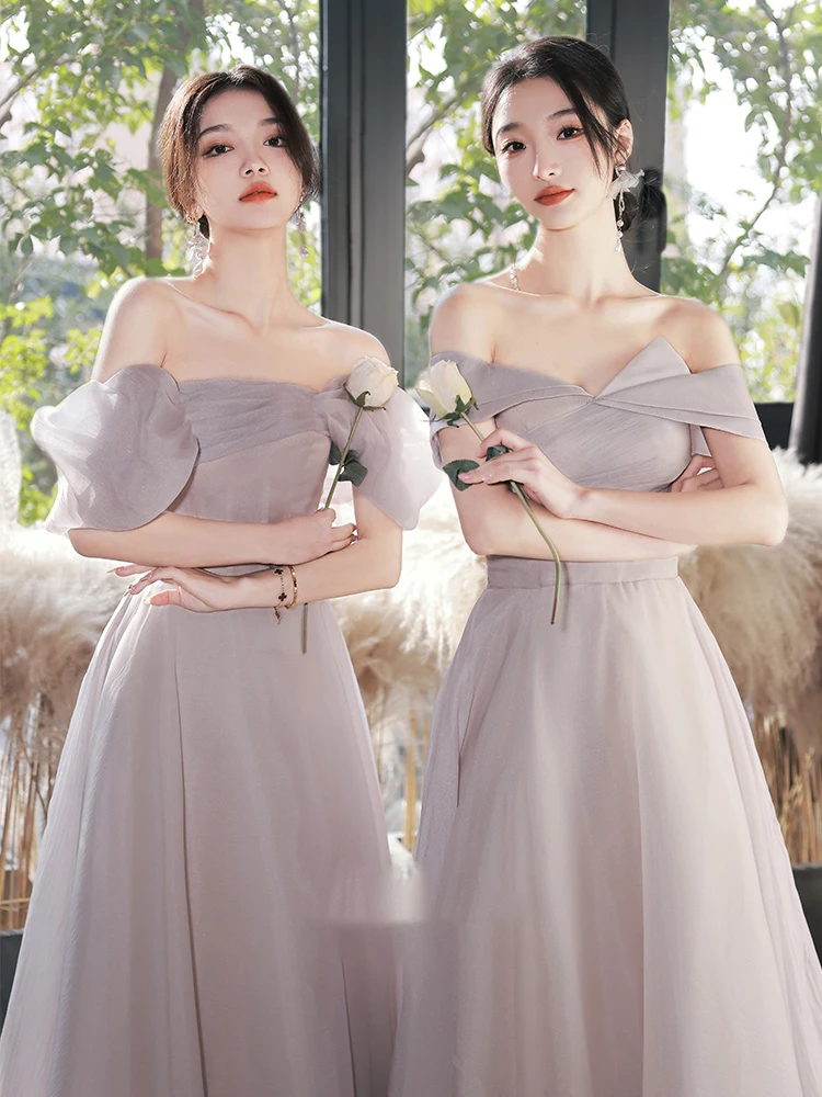 

New Off Shoulder Slim Bridesmaid Dress Solid Colour Sleeveless Back Lace-Up Matron of Honor Dresses Women Long Party Gown