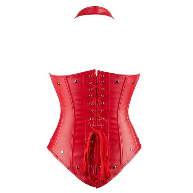 Shoulder Strap Faux Leather Corset Punk Style Spiral Steel Boned Waist Trainer Cincher Shaper Underbust Women's Bustier