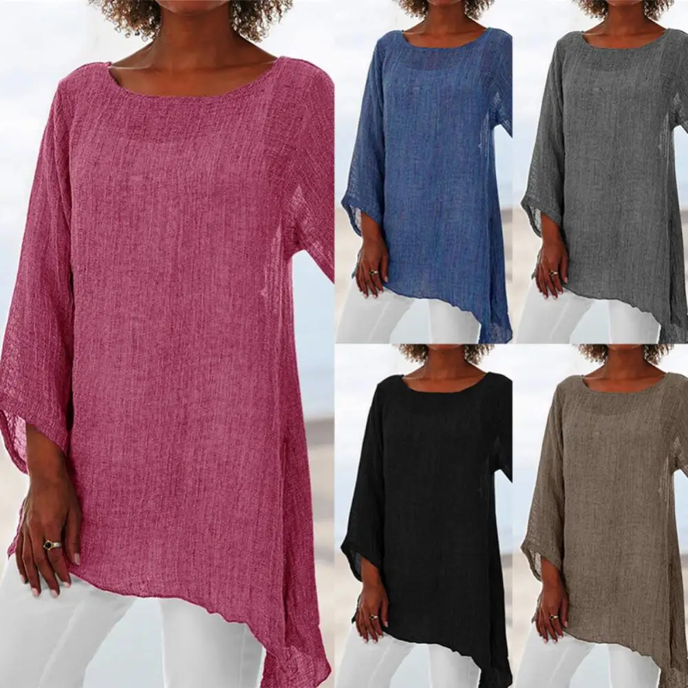 

Women Solid Color Linen O-Neck Long Sleeve T-Shirts For Women Irregular Tunic Top T-Shirt