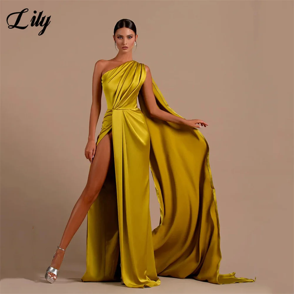 

Lily Gold Prom Dress Sleeveless One Shoulder Satin Evening Dresses Sexy Side High Split Party Dress With Pleats Robe De Soirée