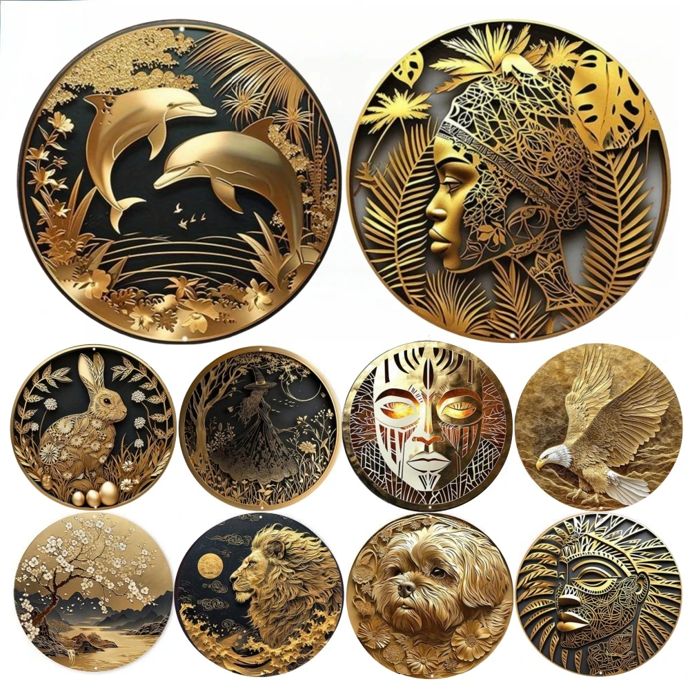 Round Metal Aluminum Sign Art Painting Wreath Decorative Sign Entrance Decor Father's Day Gift Mask Theme Home Room Wall Decor