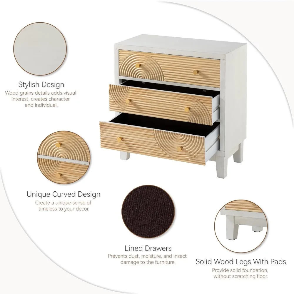 Nightstand 3-Drawer White Dresser X2 with Handicraft Wood Ring, Fully Nightstands Wooden Finish, Nightstand 5