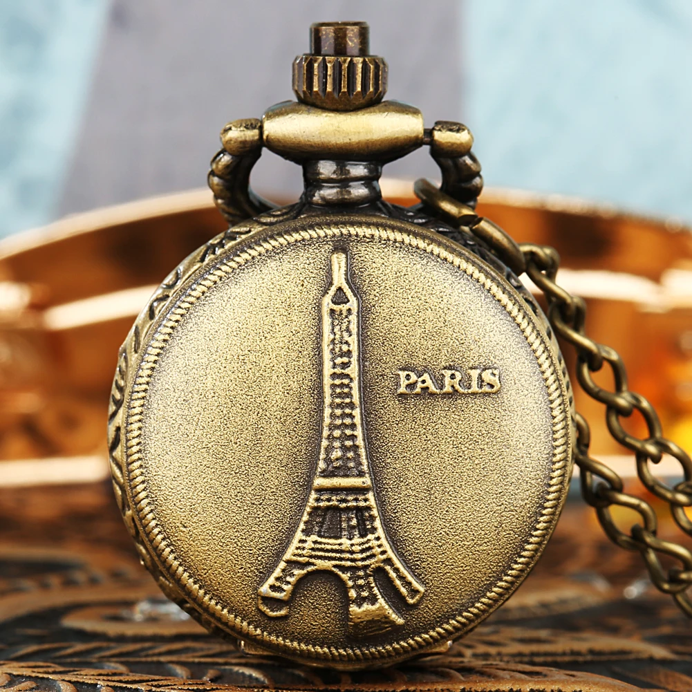 

Small Size Bronze France Paris Eiffel Tower Grand Buildings Quartz Necklace Watch Souvenir Gifts Pocket Watch for Men Women Kids