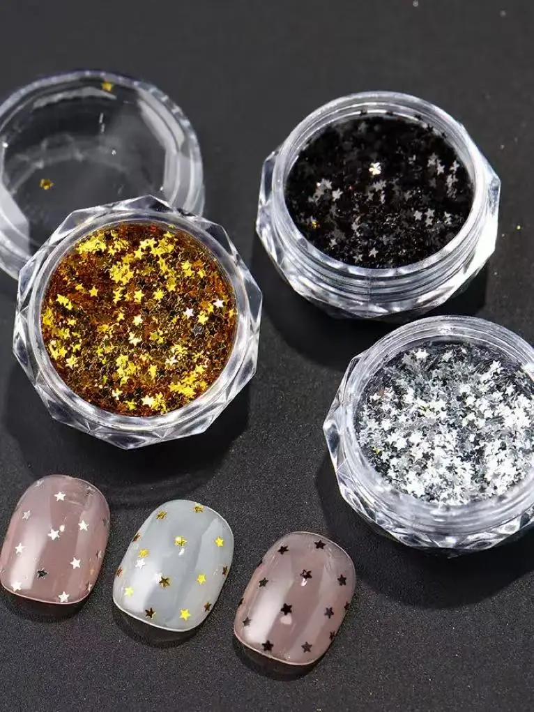 Nail Flake 3 pc Y2K Tiny Star Glitter Golden Silvery Black Small Pentagram Nail Seqiuns Kawaii Korean DIY Manicure Accessories