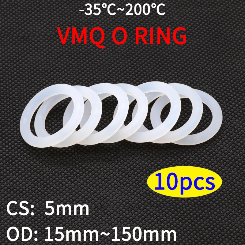

10pcs VMQ O Ring Seal Gasket CS 5mm OD 15 ~ 150mm Silicone Rubber Insulated Waterproof Washer Round Shape White Nontoxi