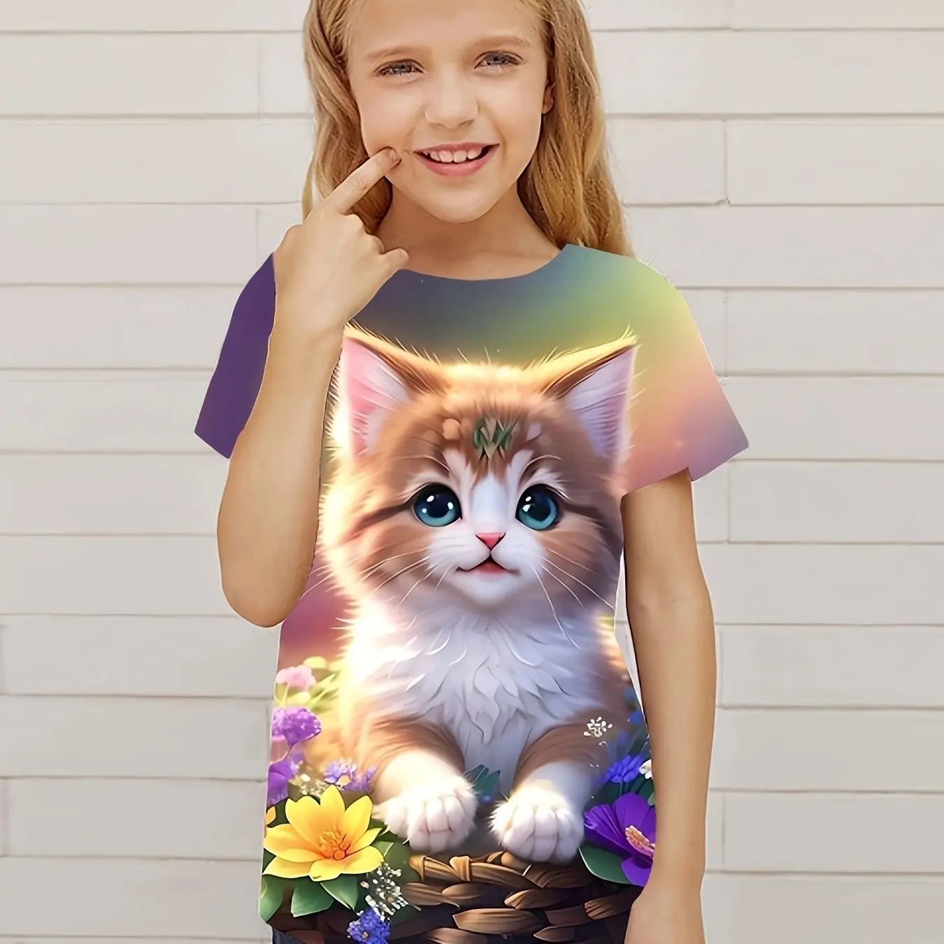 Children's Clothing Cute 3D Cat Graphic Print Short Sleeve Tops Kids Clothes T-Shirt Casual Pullover Child Boys Girls Summer 4