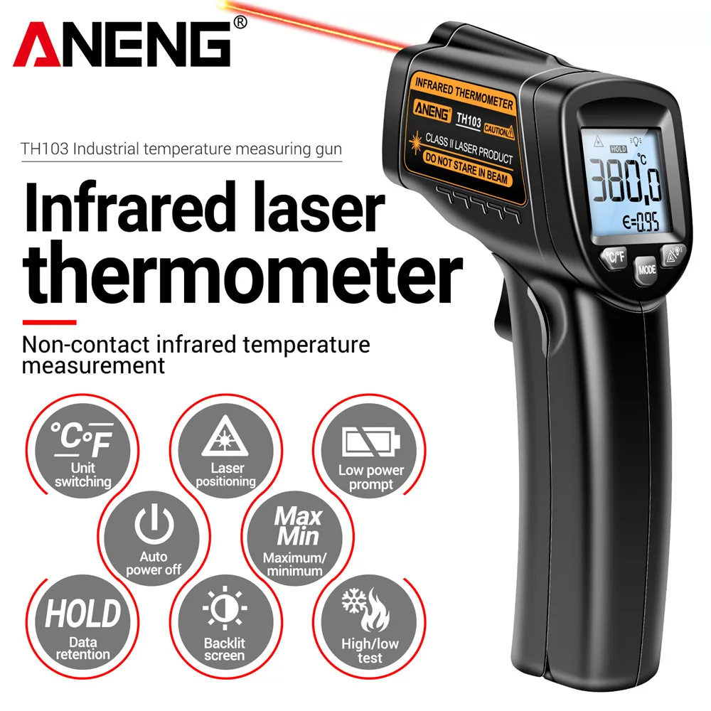 

ANENG TH103 Class II Laser Infrared Thermometer Temperature Sensor Testers Gun -20°C~380℃ Industrial Thermal Tube Testing Tool