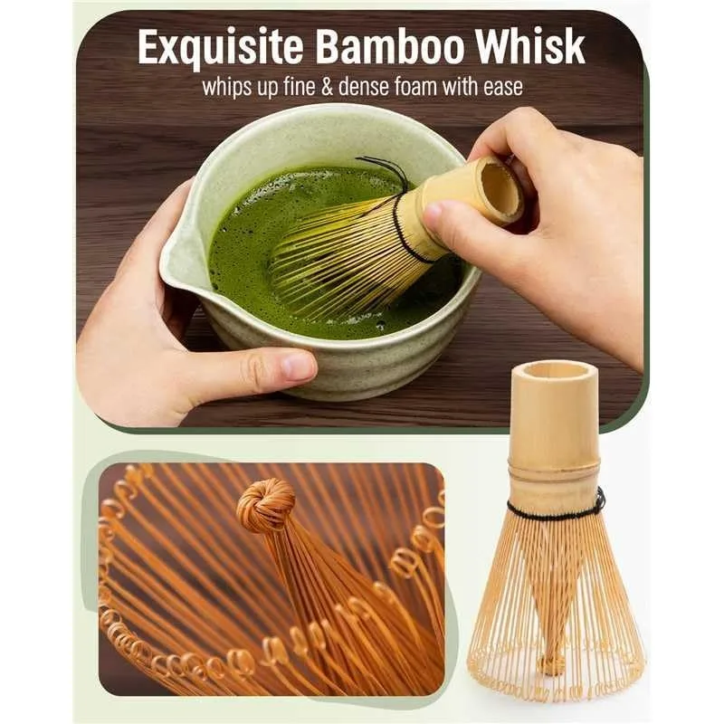 Complete Matcha Whisk Set - ThymeSpace Bamboo Chasen, Scoop & Steel Sifter for Traditional Japanese Tea Ceremony Tools Kit