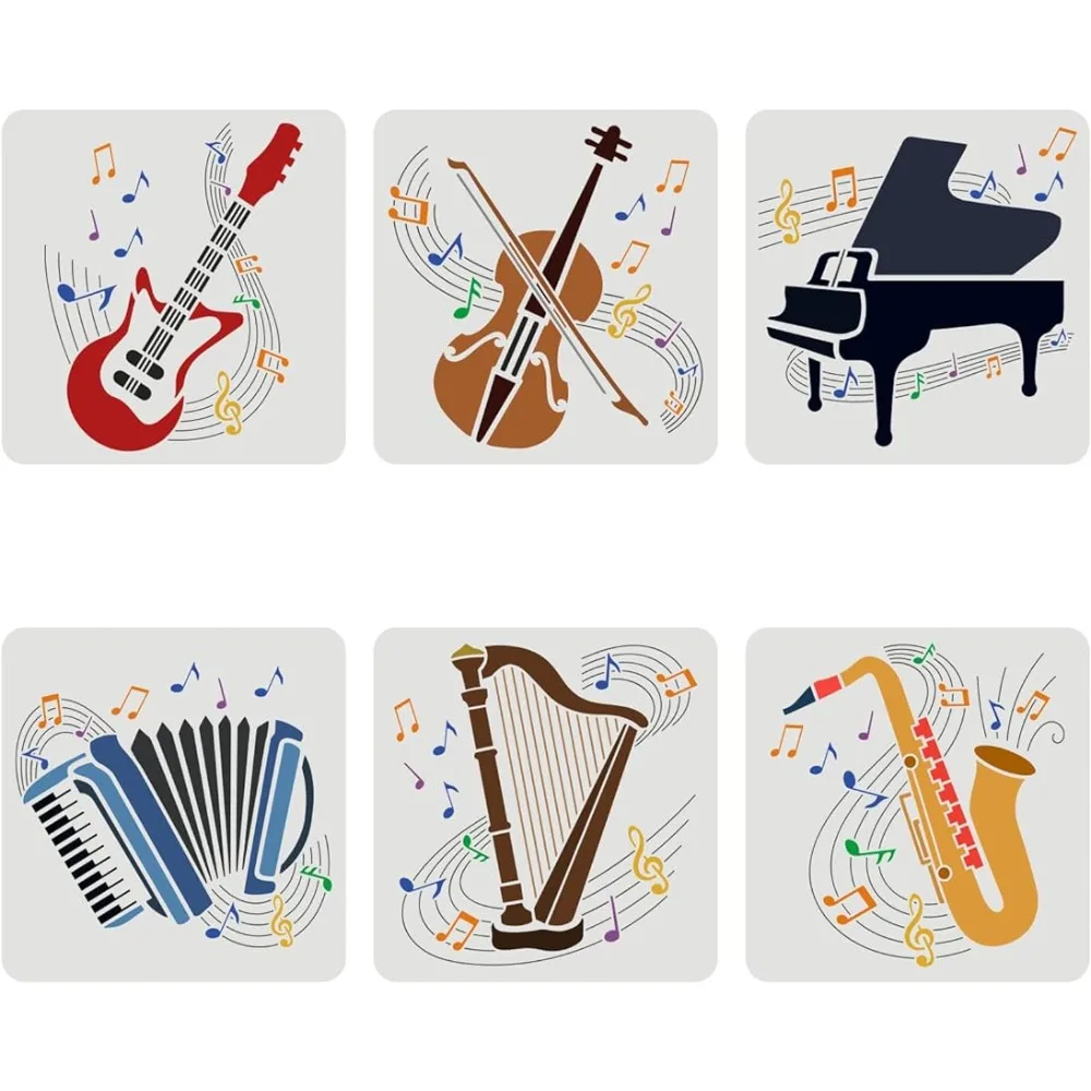 

6PCS Musical Instrument Stencils 11.8x11.8 inch Guitar Violin Piano Accordion Harp Saxophone Drawing Stencil Large Reusable DIY