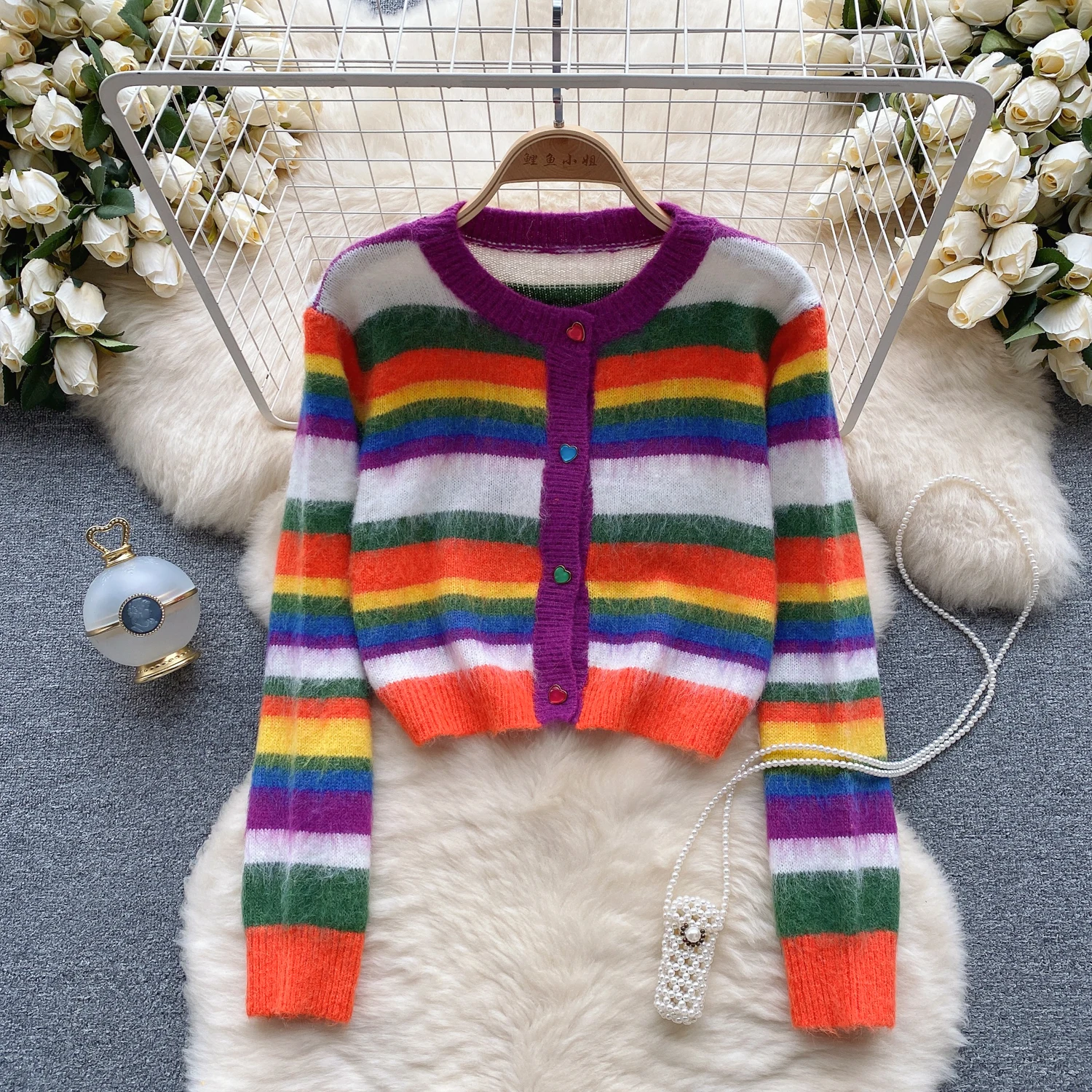 

Autumn Women Rainbow Striped Sweater Cute O-neck Long Sleeve Love Button Cardigans Tops Contrast Color Sweet Female Knitshirts