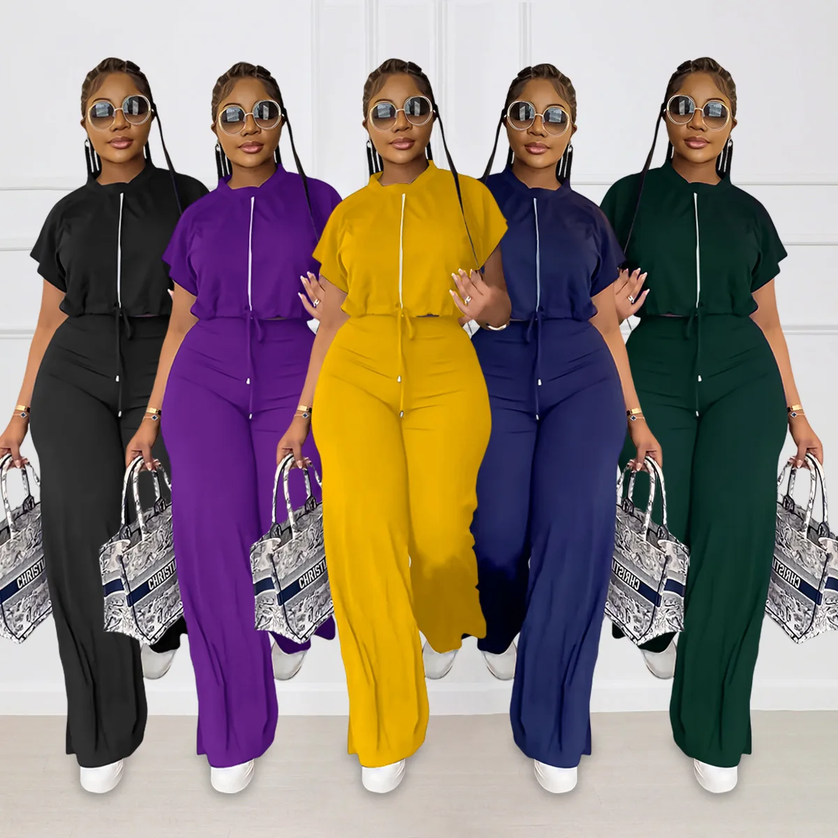 

Elegant Pant Sets Women 2023 New in Short Sleeve Zipper Top Wide Leg Pants Female Casual Summer Two Piece Blouses Suits