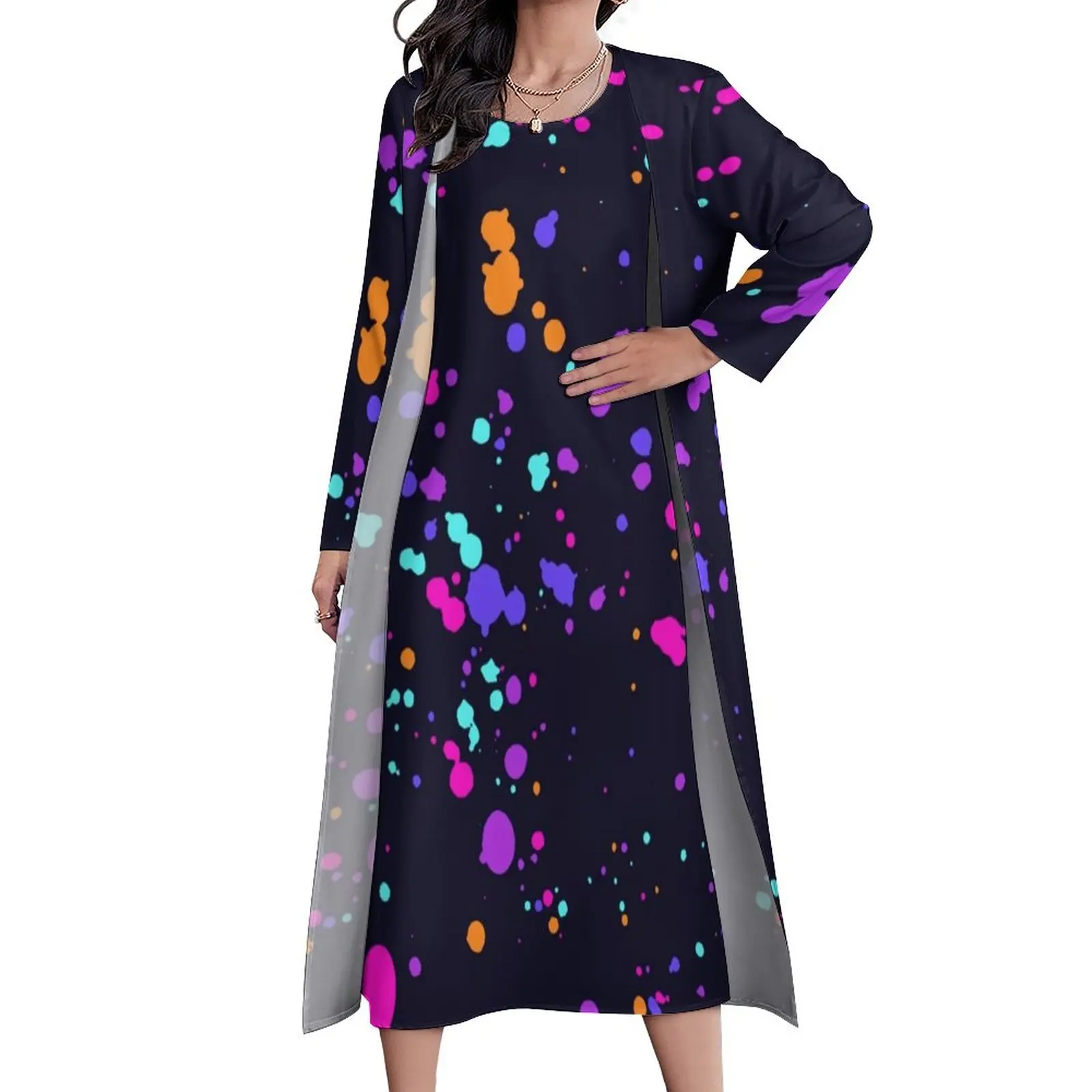 

Colorful Splash Dress Trippy Print Modern Maxi Dress Two Piece Graphic Boho Beach Long Dresses Streetwear Oversize Vestidos