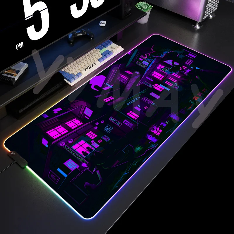 Alfombrilla de ratón RGB Neon City, alfombrillas de ratón grandes para juegos, alfombrillas de ratón luminosas, alfombrilla de ratón LED grande, alfombrilla de escritorio, alfombrillas de teclado retr